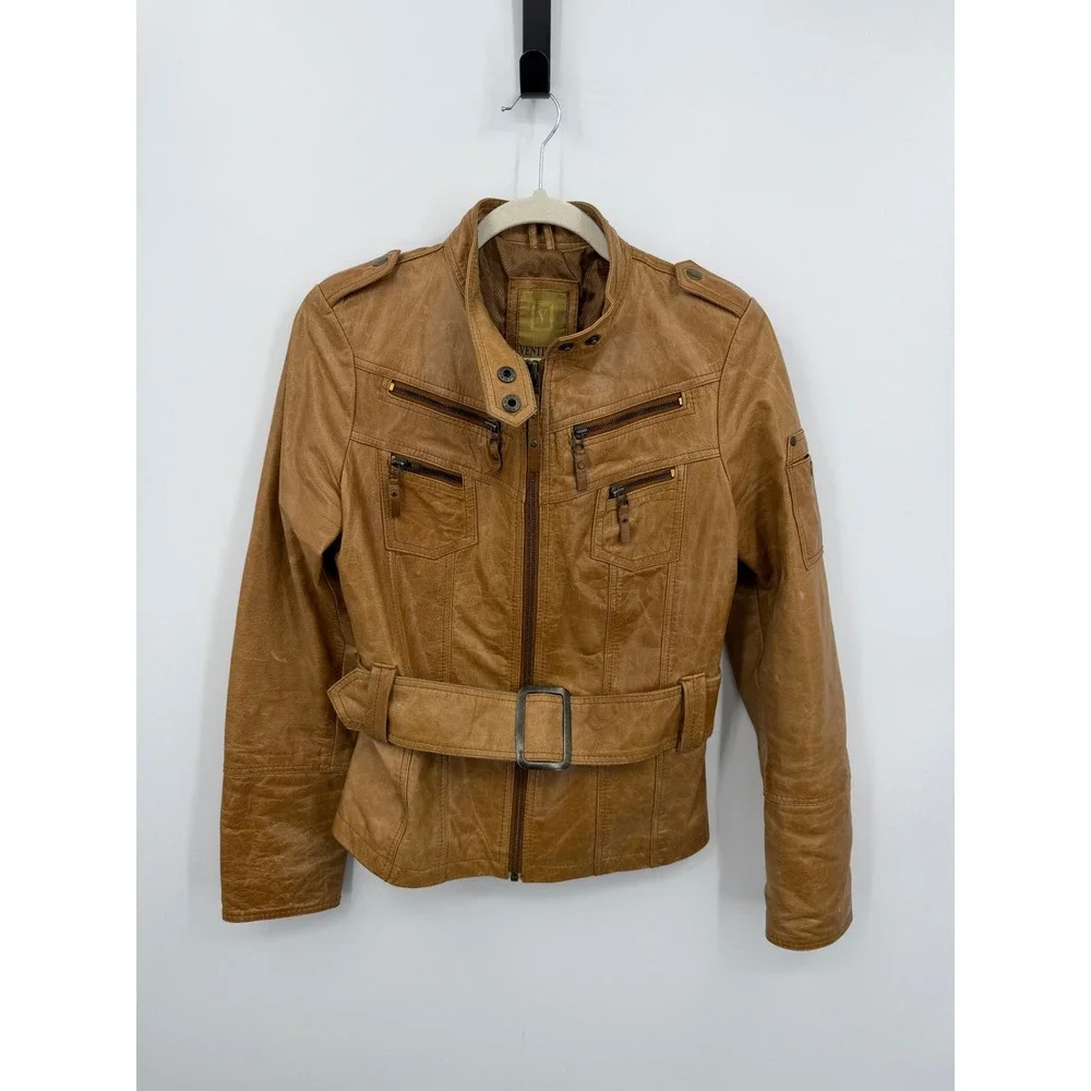 Ventiuno Belted Leather Moto Jacket Women S/M Tan Military Utility Zip Up